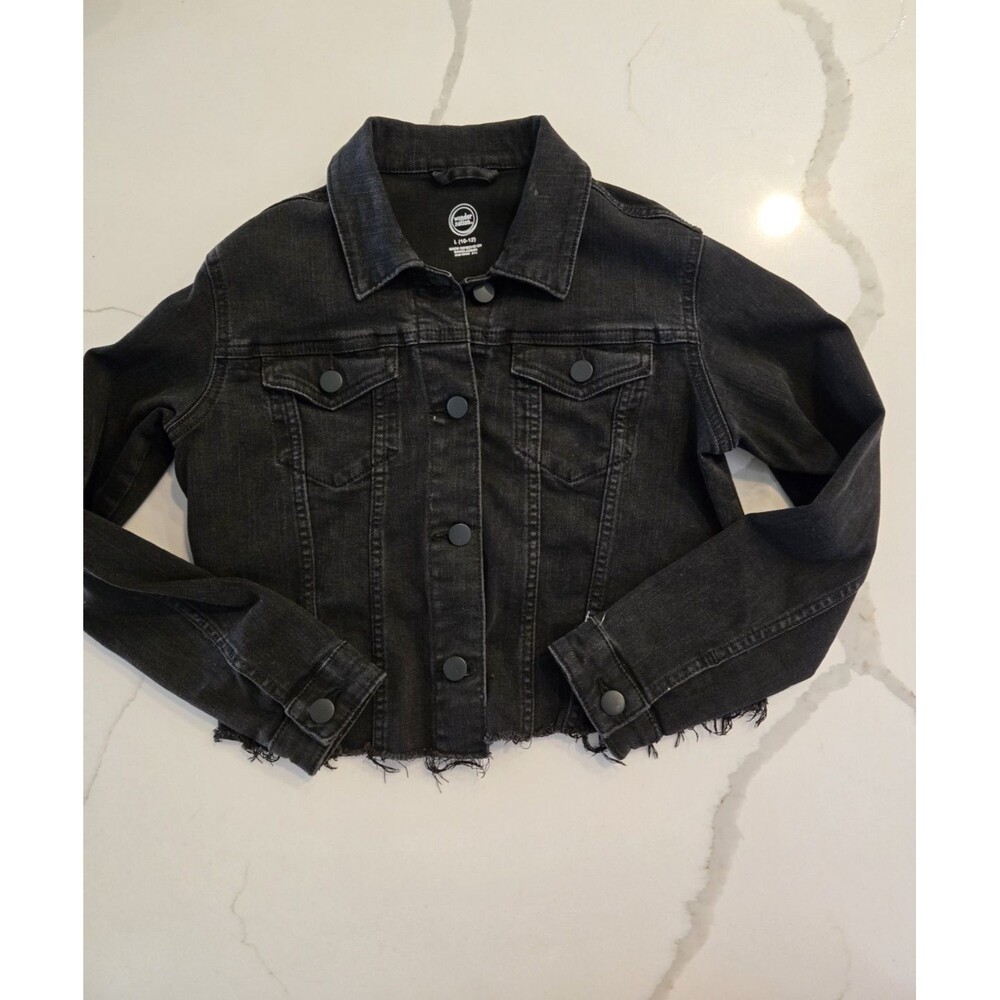 Wonder Nation L 10-12 Cropped Denim Jacket Kids Girls Black Frayed Patch Trucker